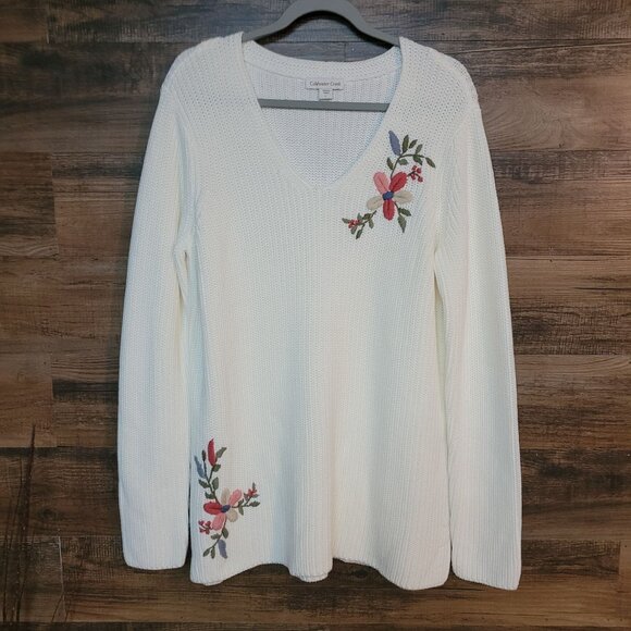 Coldwater Creek Tunic Sweater Womens L Floral Embroidered White Soft Stretch - Picture 1 of 10